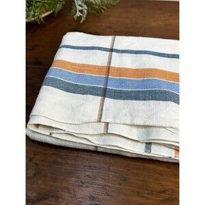 Vintage Linen Tablecloth 48” Square White Blue Orange Plaid SOME STAINS